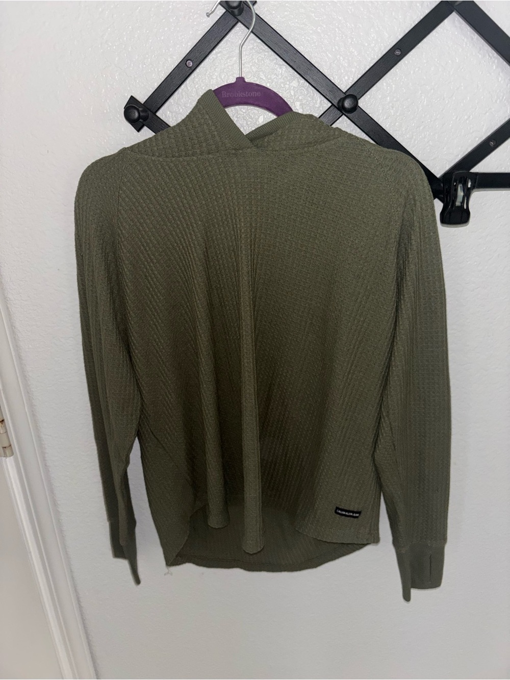 Calvin Klein Jeans Olive Waffle Knit Hoodie Lightweight Casual Large Top - Picture 2 of 4